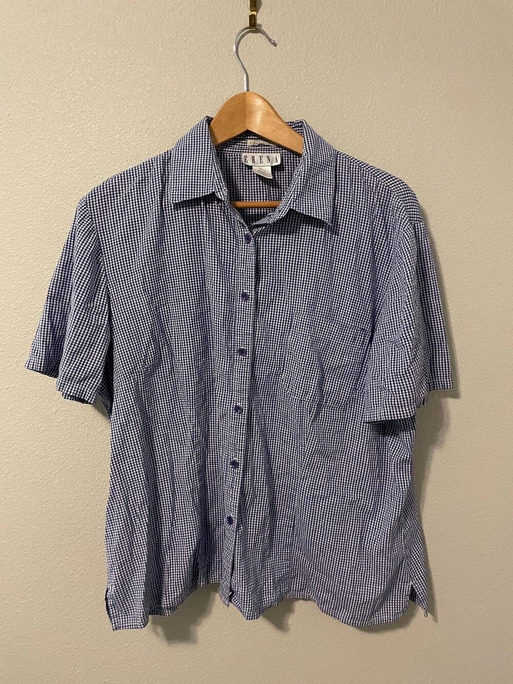 Vintage Erena Womens Top Large Blue Gingham Short Sleeve Cottagecore Summer 90s